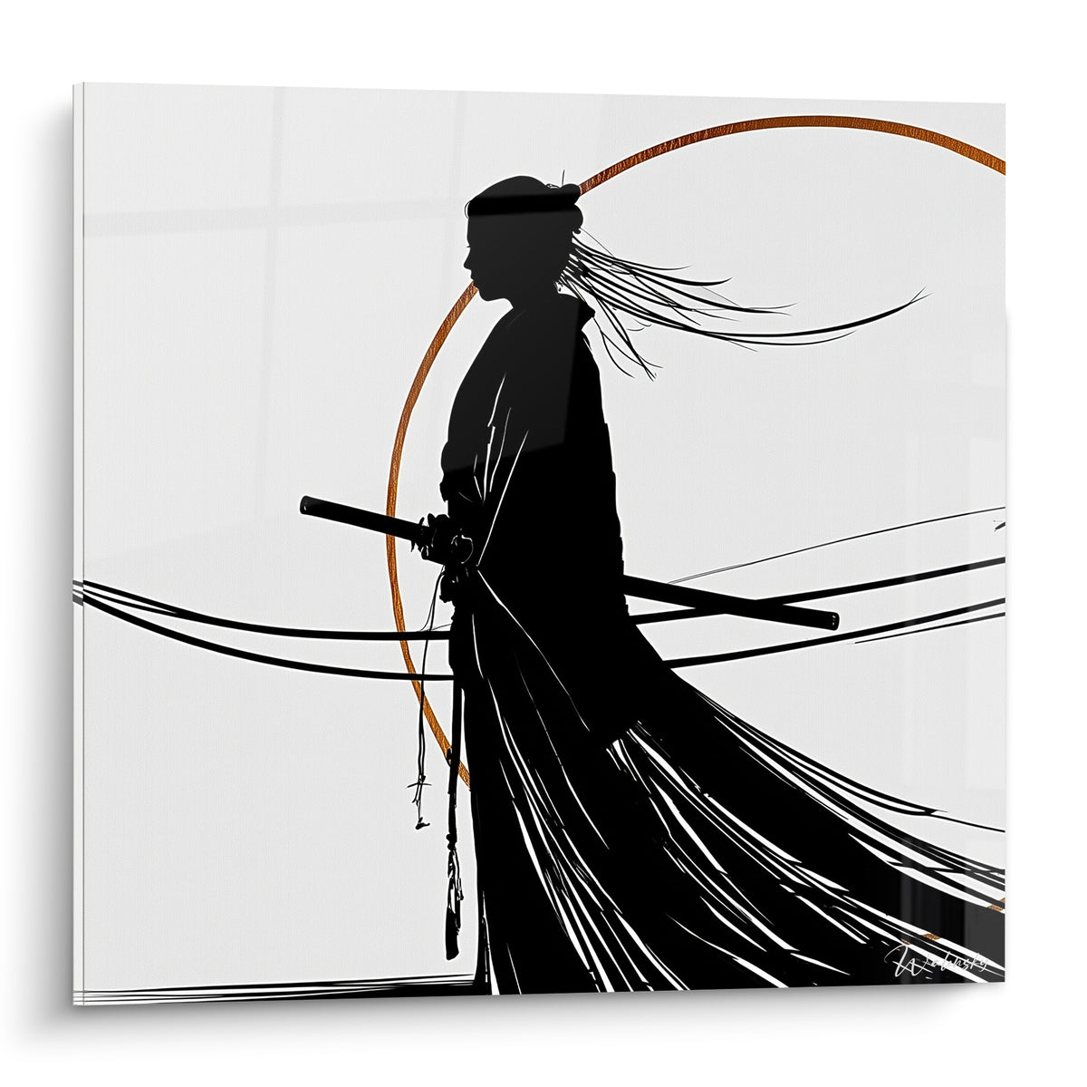 Samouraï en silhouette noire, sabre à la ceinture, cerclé d'un trait orangé sur fond blanc