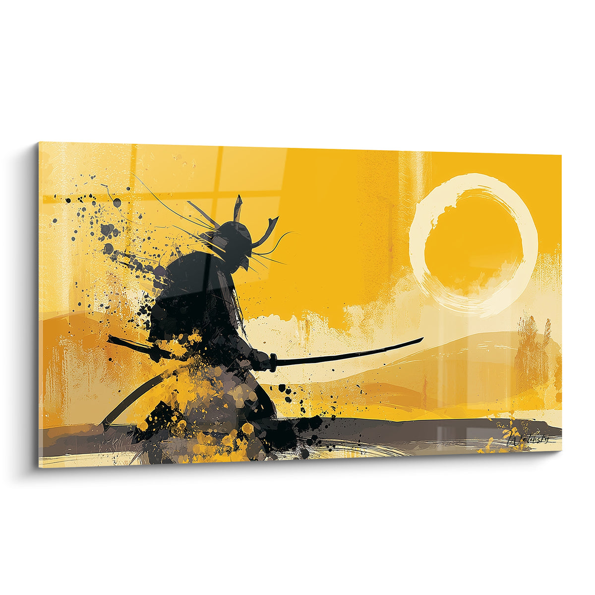 Samouraï au sabre dégainé, silhouette noire sur fond ocre et cercle blanc enso peint