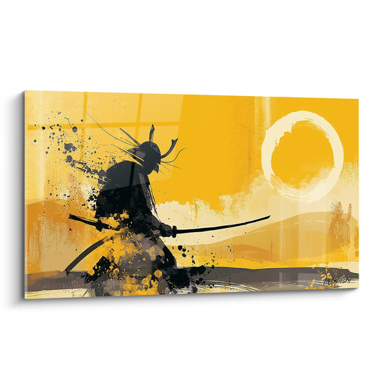 Samouraï au sabre dégainé, silhouette noire sur fond ocre et cercle blanc enso peint