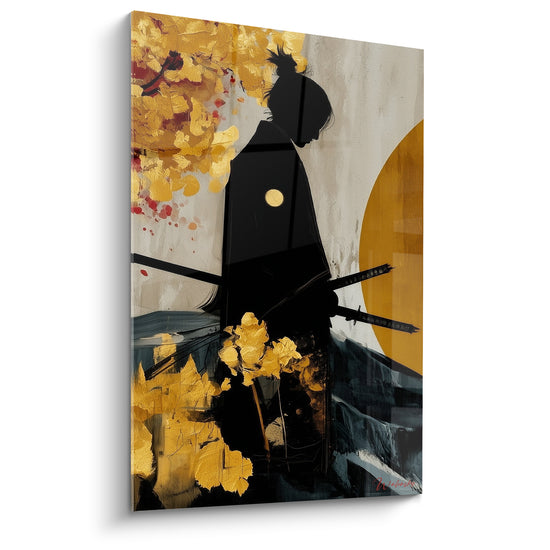 Tableau Silhouette noire et dorée sous feuillage éclatant - Disque solaire ambré - Edition Samouraï