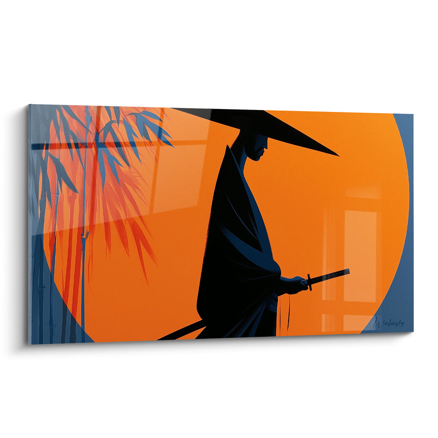 Tableau Guerrier noir et orange sous bambou incliné - Silhouette au disque solaire - Edition Samouraï