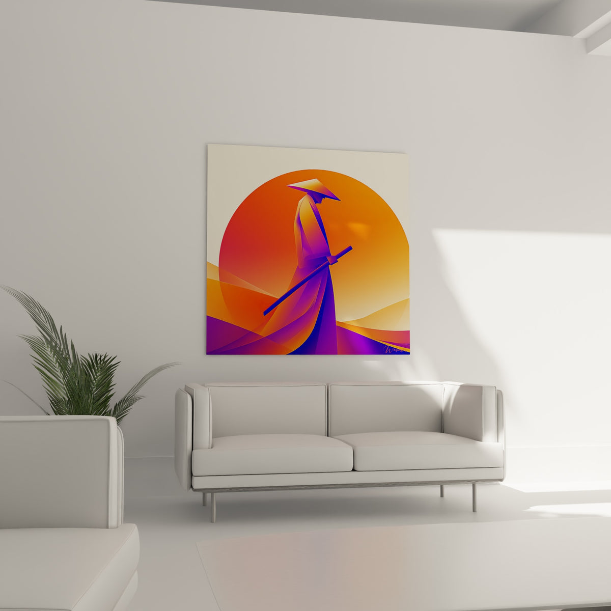 Silhouette pourpre du Samouraï se détachant sur fond orange, accrochée au-dessus d'un canapé dans un salon lumineux