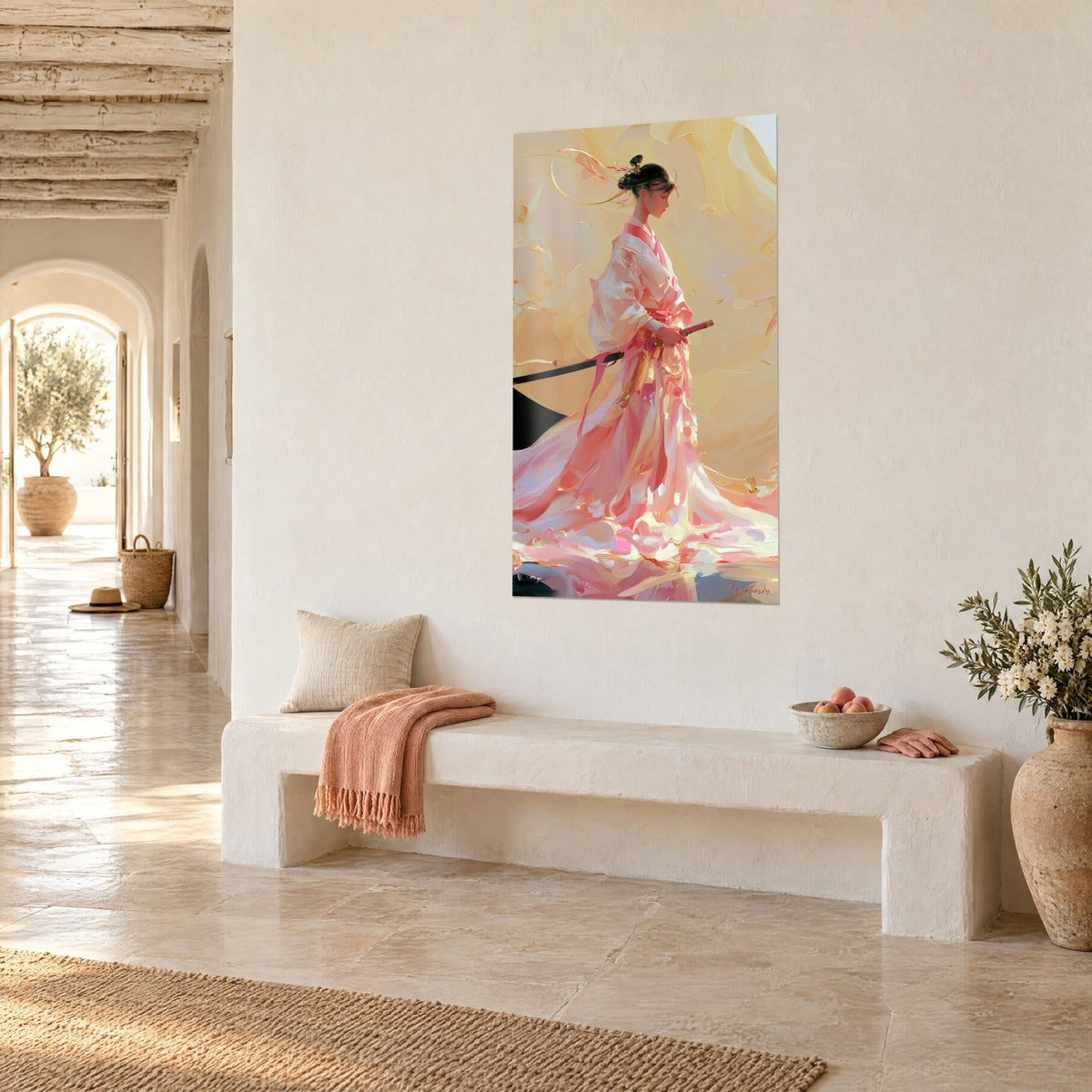 Wall art of a female samurai in profile, long coral-pink train on cream yellow background, white stone bench, vaulted corridor