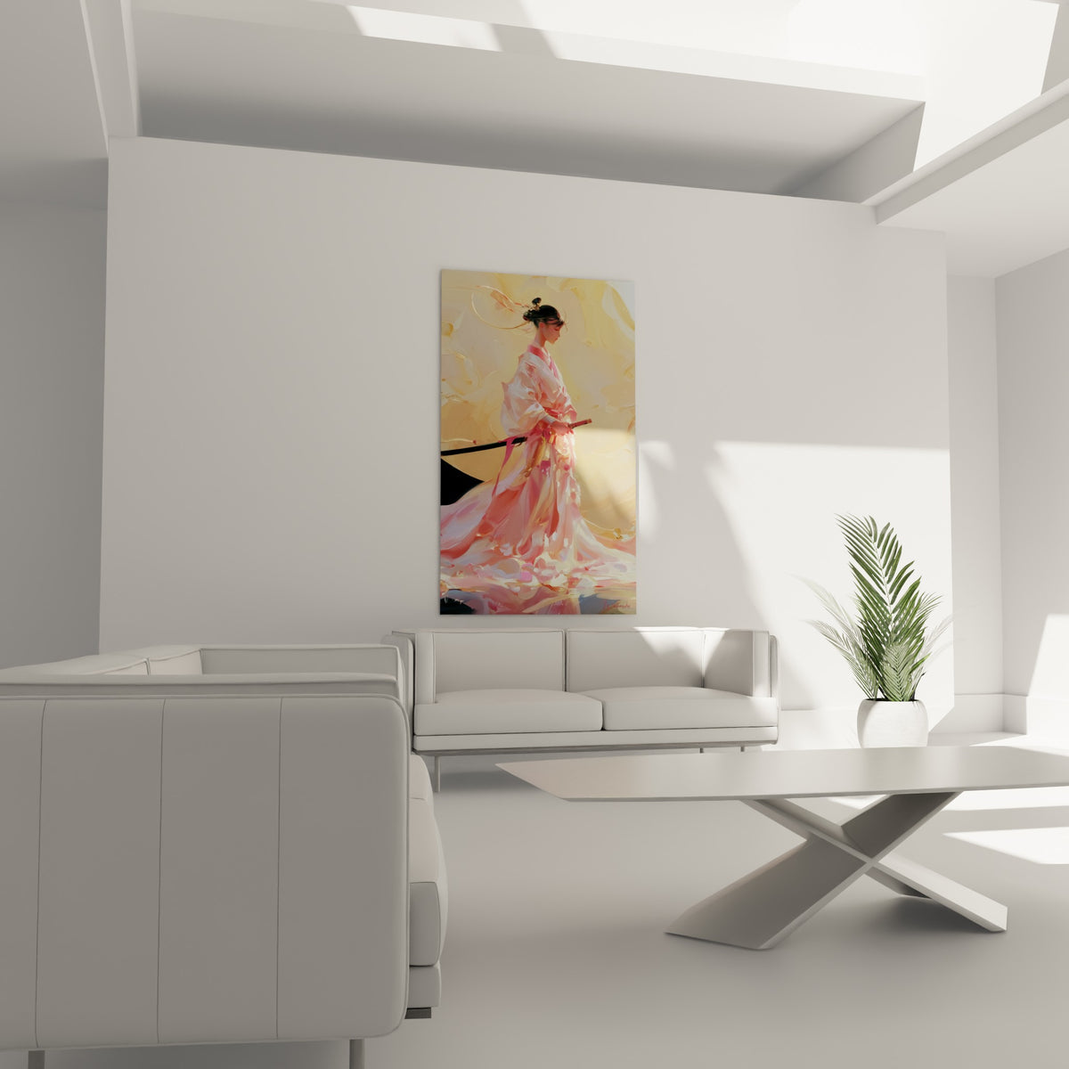 Silhouette de Samouraï au kimono blanc et rose accrochée au-dessus d'un canapé dans un salon lumineux