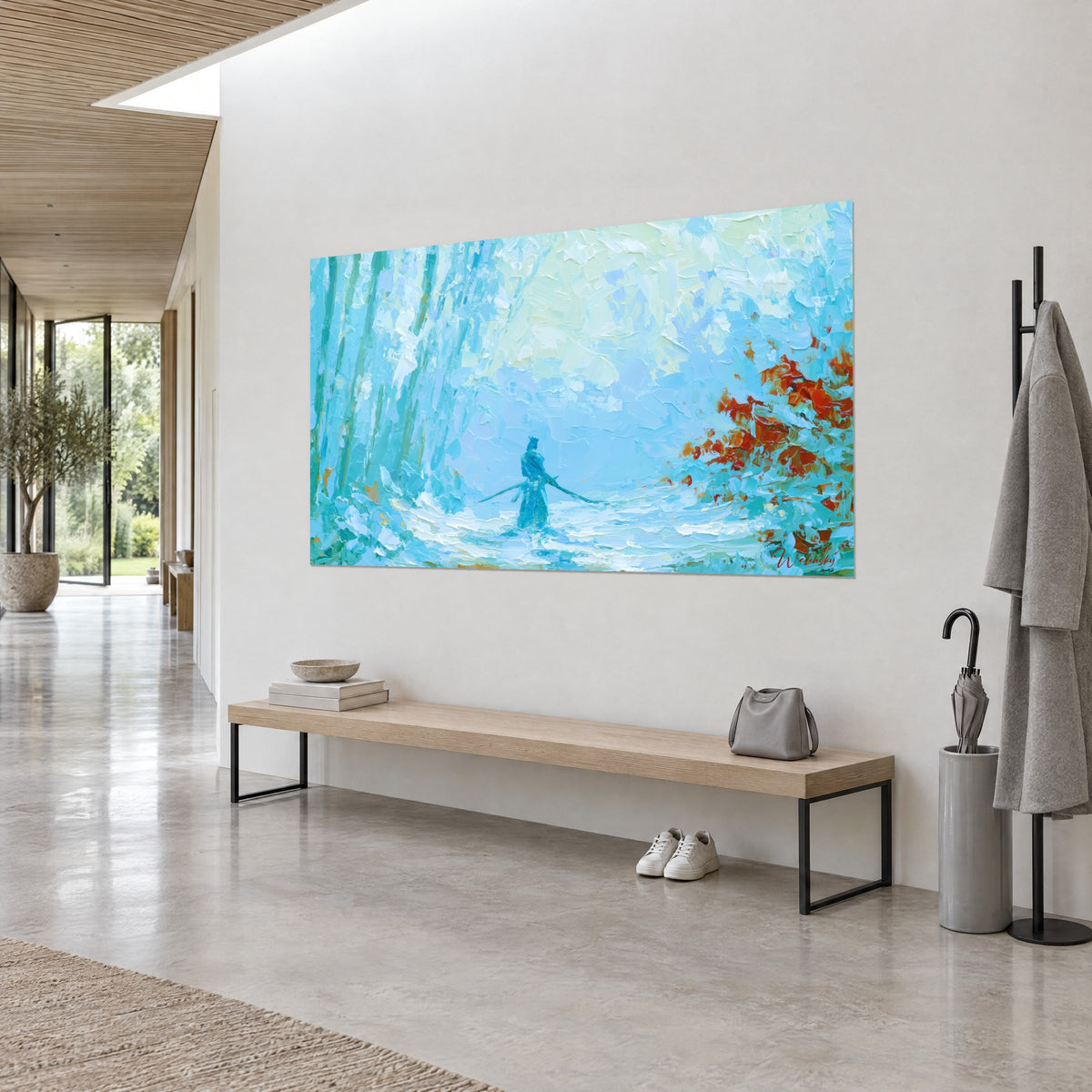 Tableau guerrier en retrait dans une forêt de bambous bleu glacier, feuilles rousses en touches épaisses, couloir clair, vue de trois-quarts