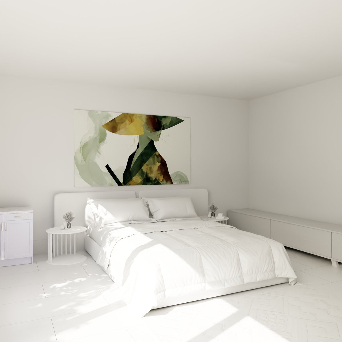 Samouraï en aquarelle terracotta et vert sauge, accroché au-dessus d'un lit dans une chambre claire
