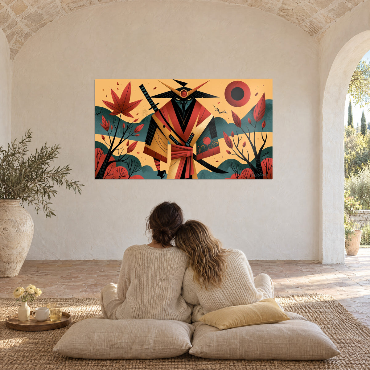 Wall art of a graphic samurai, red maple leaves and blue-green hills, in front of a couple embracing on cushions