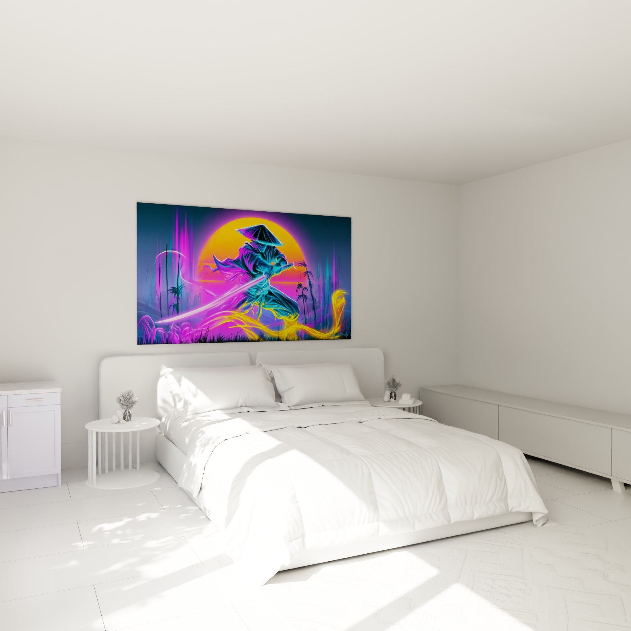Guerrier au sabre luisant, tons bleu turquoise et jaune soleil, au-dessus d'un lit dans une chambre claire