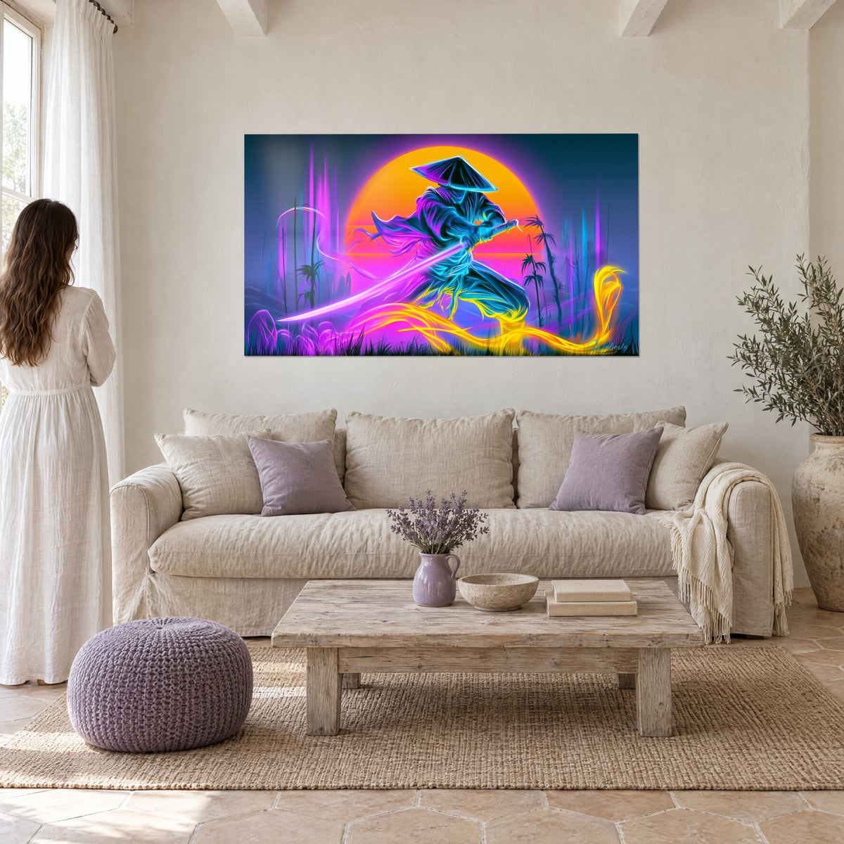 Wall art of a warrior in a conical hat brandishing his blade, orange sun and purple neon lights, above a sofa in a bright living room