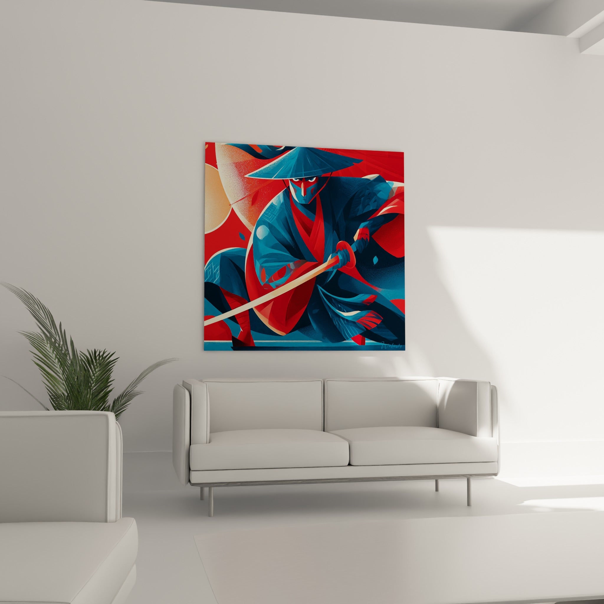 Silhouette du Samouraï casquée, tons bleu nuit et rouge vif, au-dessus d'un canapé dans un salon lumineux