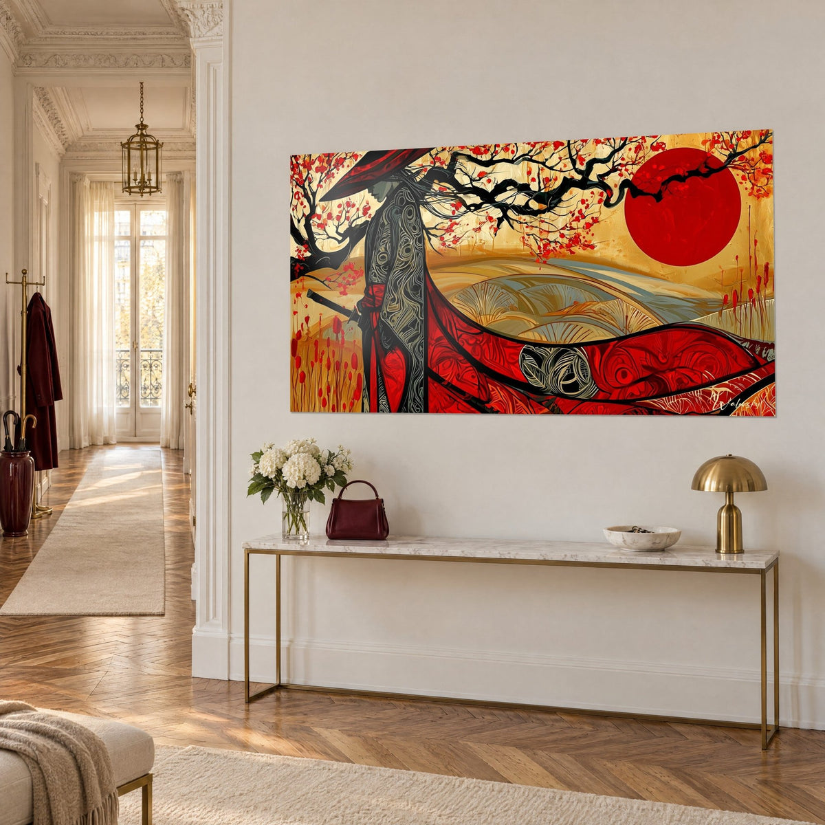 Gemälde Krieger in rot und grau gemusterter Robe, schwarze blühende Zweige und eine karmesinrote Sonnenscheibe, an einer weißen Haussmann-Wand