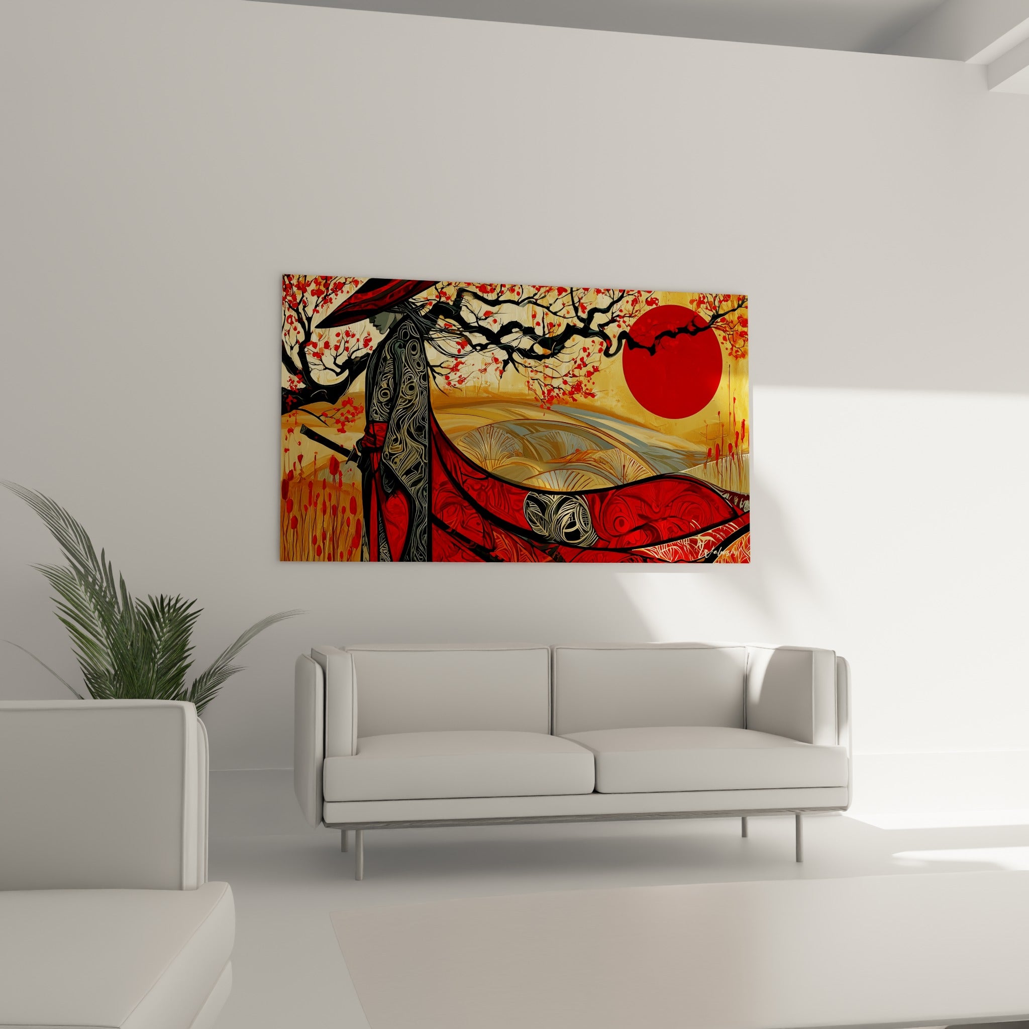 Silhouette du samouraï vêtue de rouge profond, disposée au-dessus d'un canapé dans un salon lumineux