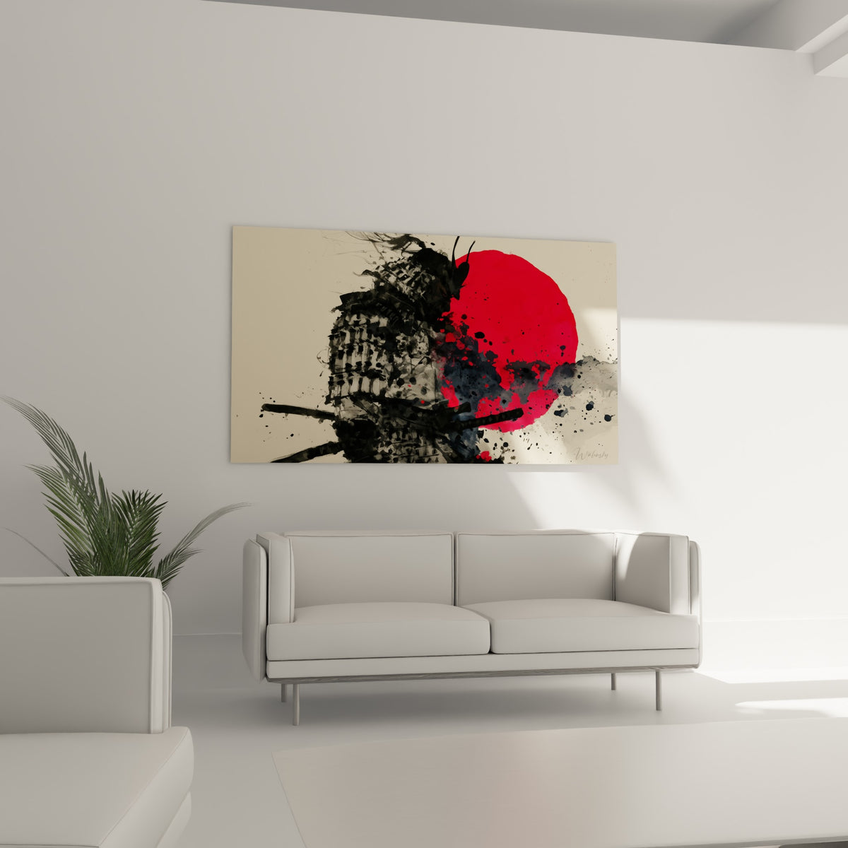 Guerrier Samouraï à l'encre expressive et soleil écarlate au-dessus d'un canapé dans un salon lumineux