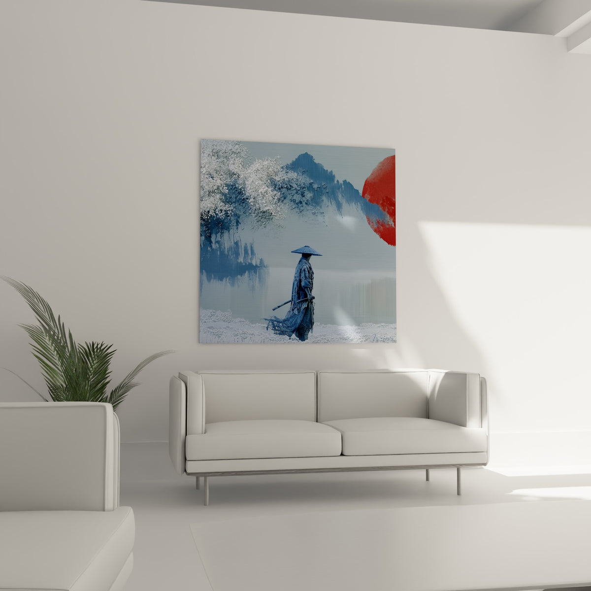 Silhouette du samouraï bleu pastel face au soleil rouge terracotta, au-dessus d'un canapé dans un salon lumineux