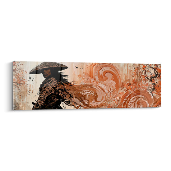 Samouraï en noir et terracotta, chapeau conique, volutes ornementales enveloppant la silhouette