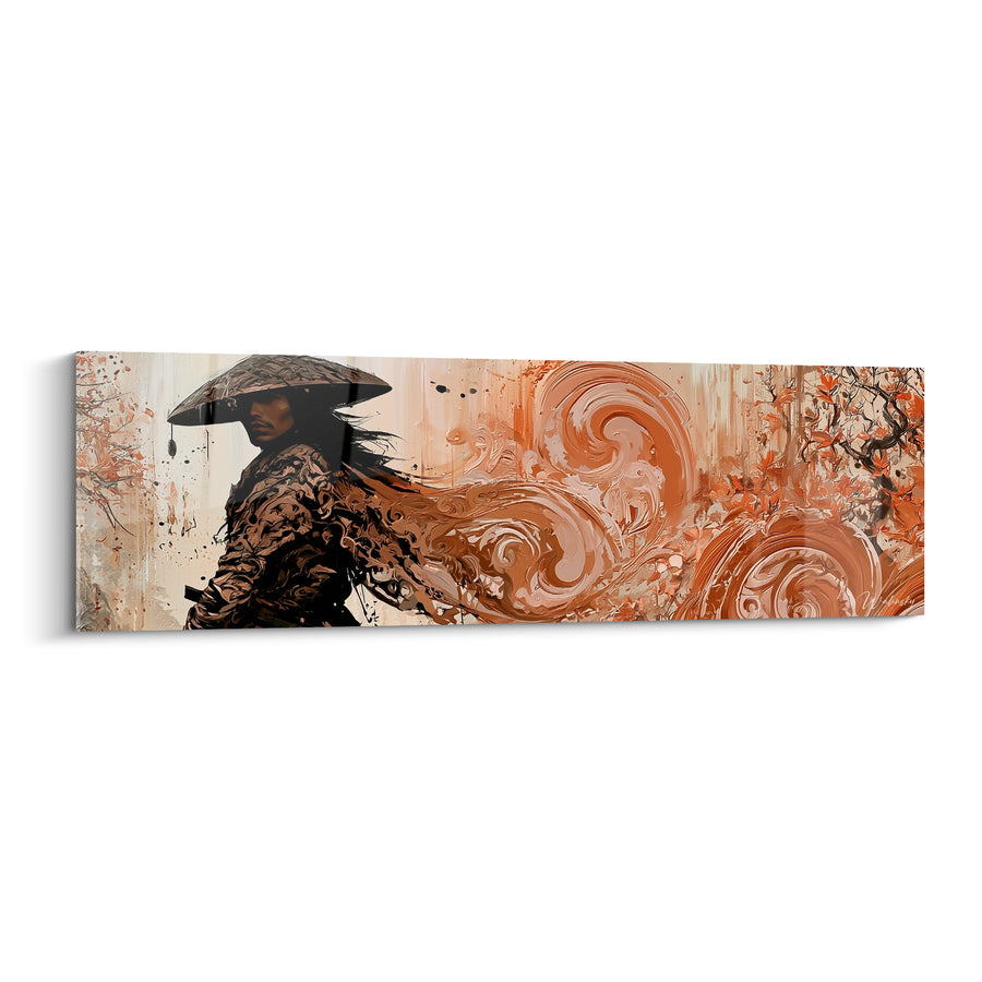 Tableau Guerrier au chapeau conique terracotta et noir - Souffle du vent ancien - Edition Samouraï