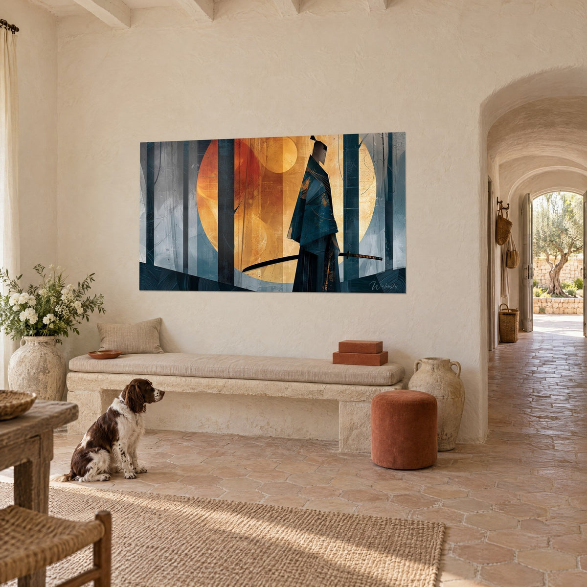 Wall art samurai standing under an orange and gold disc, navy silhouette, three-quarter view in a Provençal farmhouse, spaniel on the floor