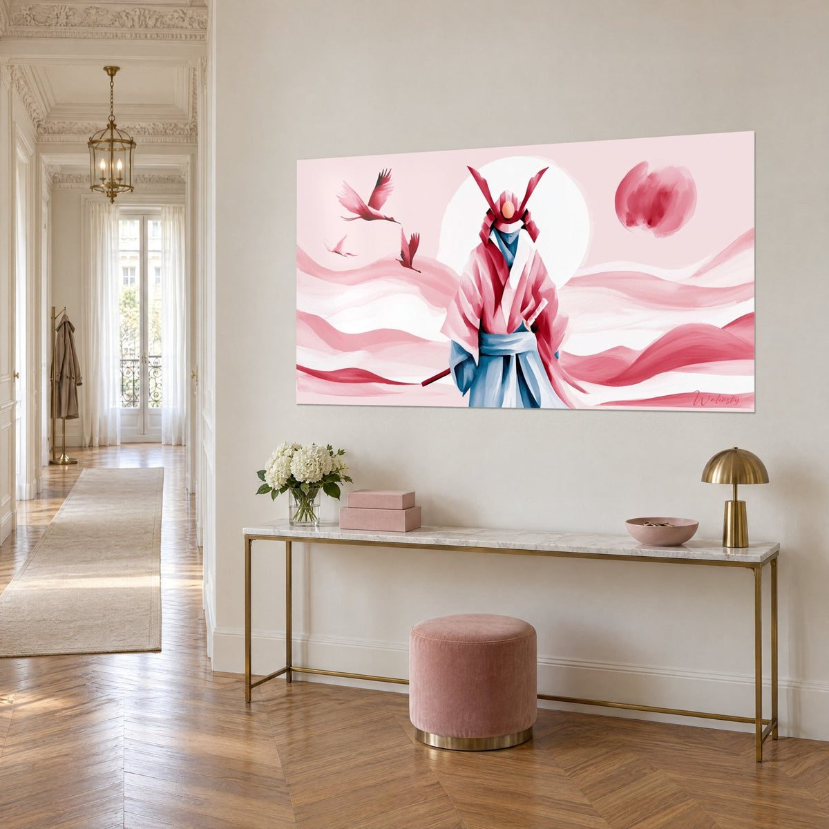 Gemälde eines stehenden Samurai vor einer großen weißen Scheibe, gesprenkelte rosa Sonne und geschwungene Dünen, auf einer vergoldeten Konsole, Dreiviertelansicht