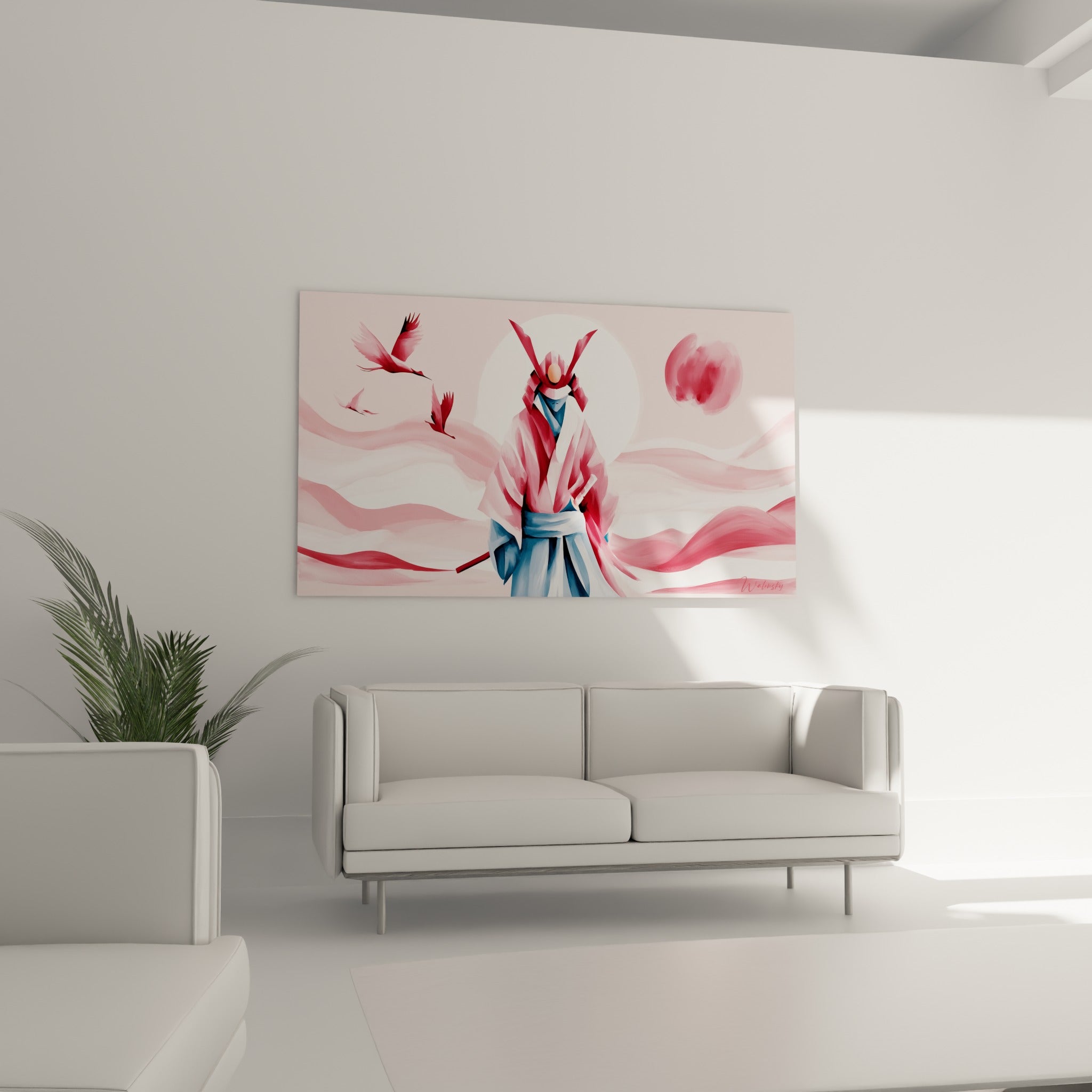 Silhouette de samouraï terracotta et bleu accrochée au-dessus d'un canapé dans un salon lumineux