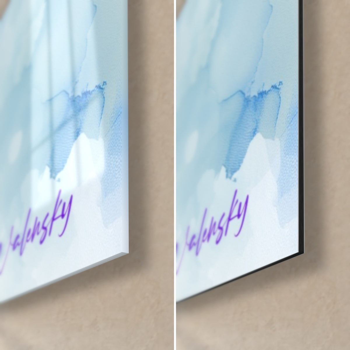 Gemälde eines roten und blauen Kriegers, untere rechte Ecke: glänzendes Acrylglas links, mattes Dibond-Aluminium rechts, violette Signatur, 3 mm Kante