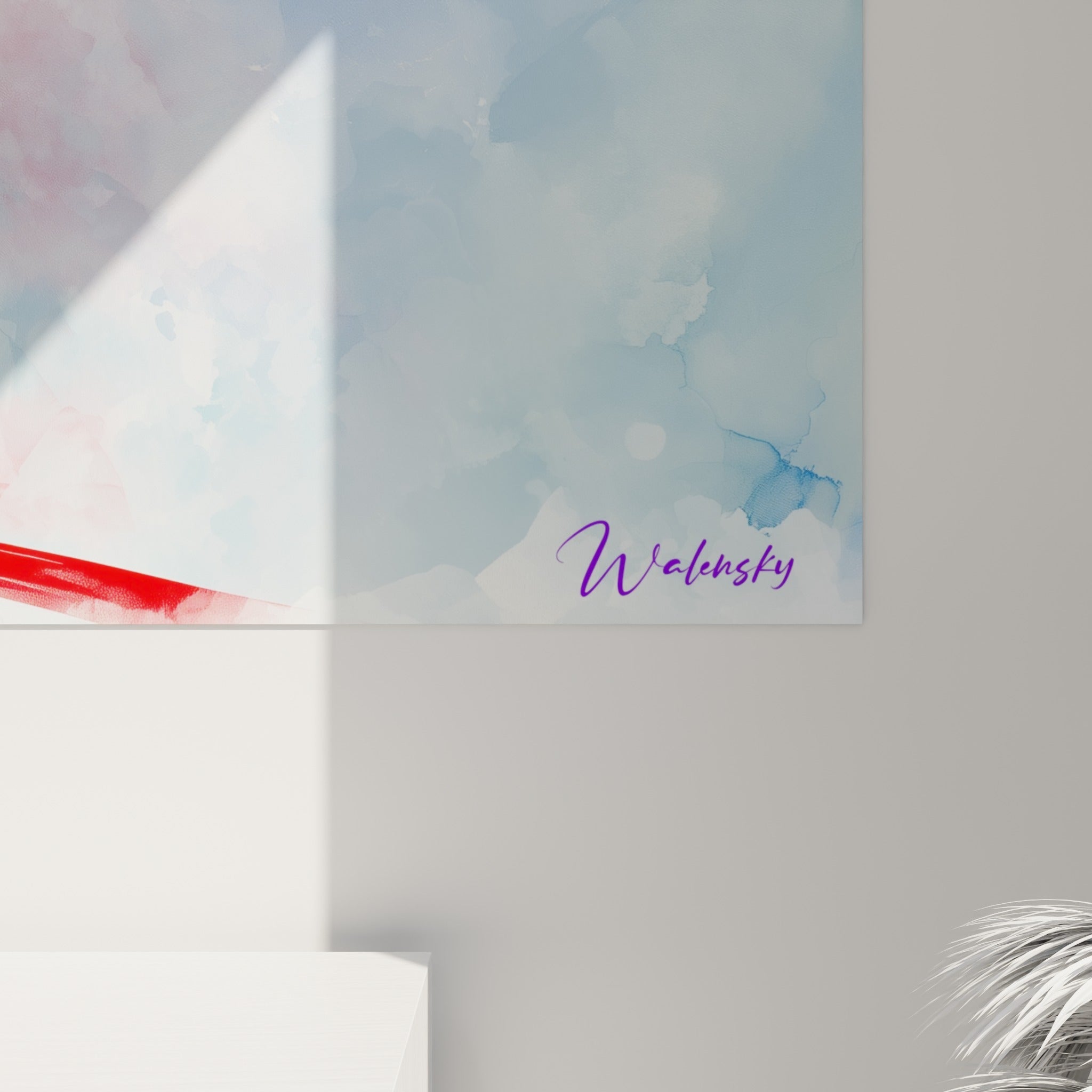 Empâtements rouges et coulures bleu pastel se mêlent sur la toile, révélant la texture aquarelle du samouraï