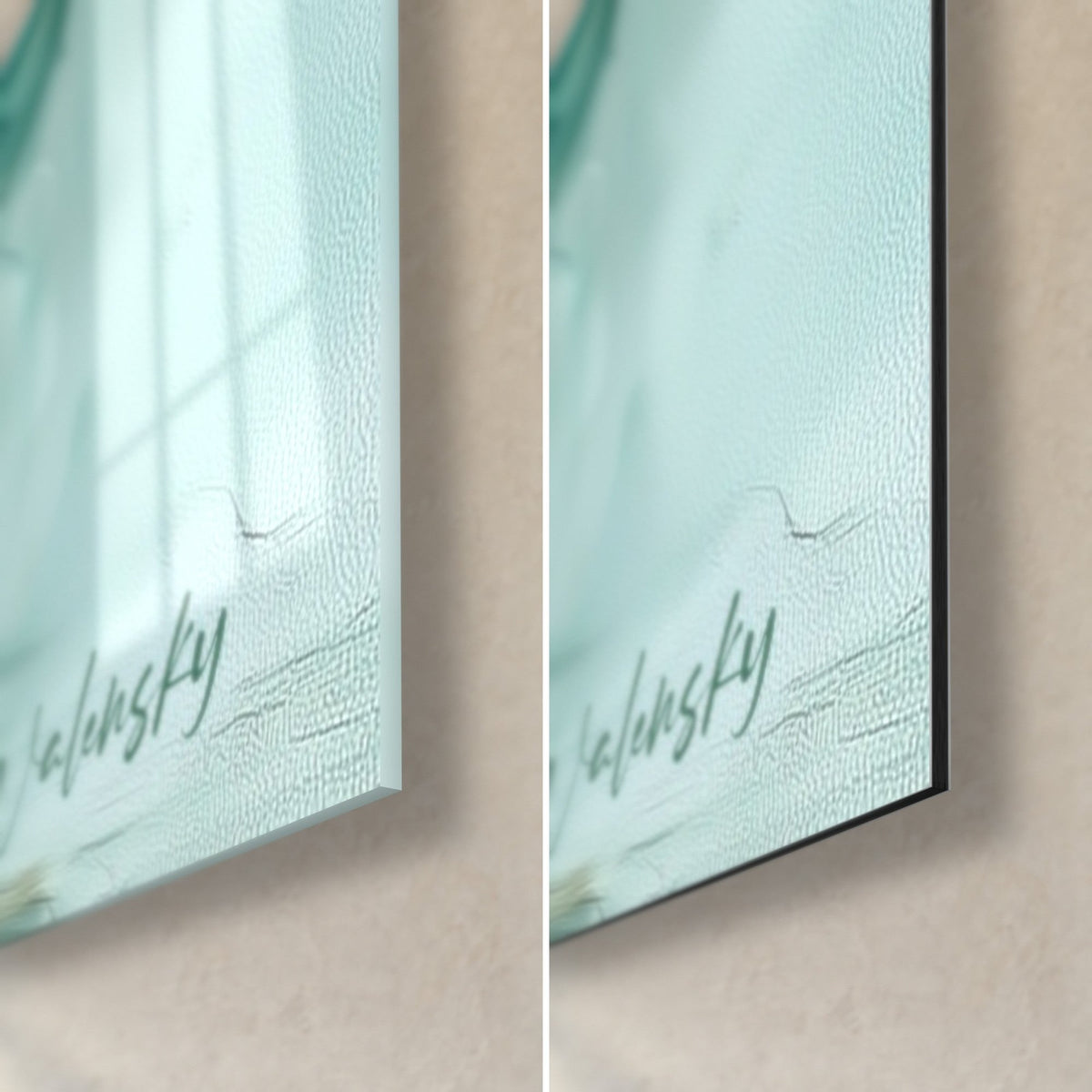 Wall art of a katana fighter, bottom right corner: glossy turquoise acrylic glass on the left, matte black Dibond on the right, 3 mm edge