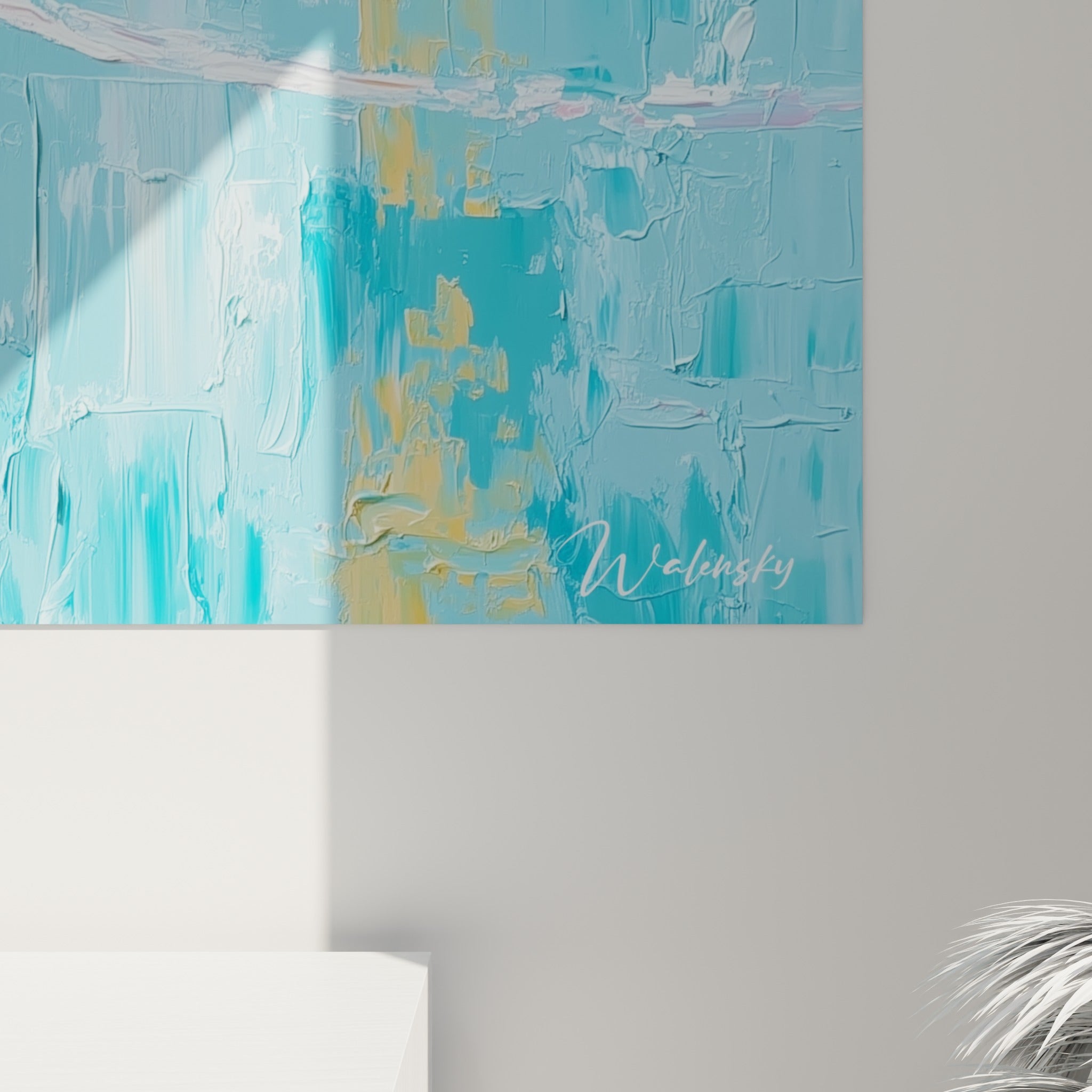 Empâtements bleu turquoise et blancs, coulures de peinture sur la lame et le visage du samouraï