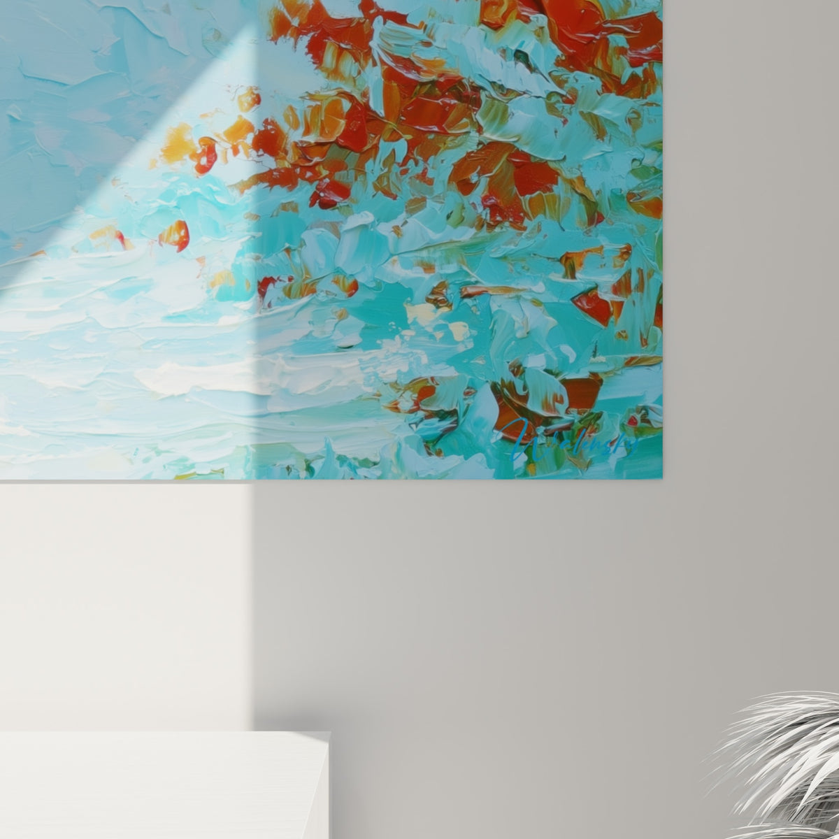 Empâtements turquoise et coulures corail révèlent la matière épaisse de ce tableau samouraï accroché au mur
