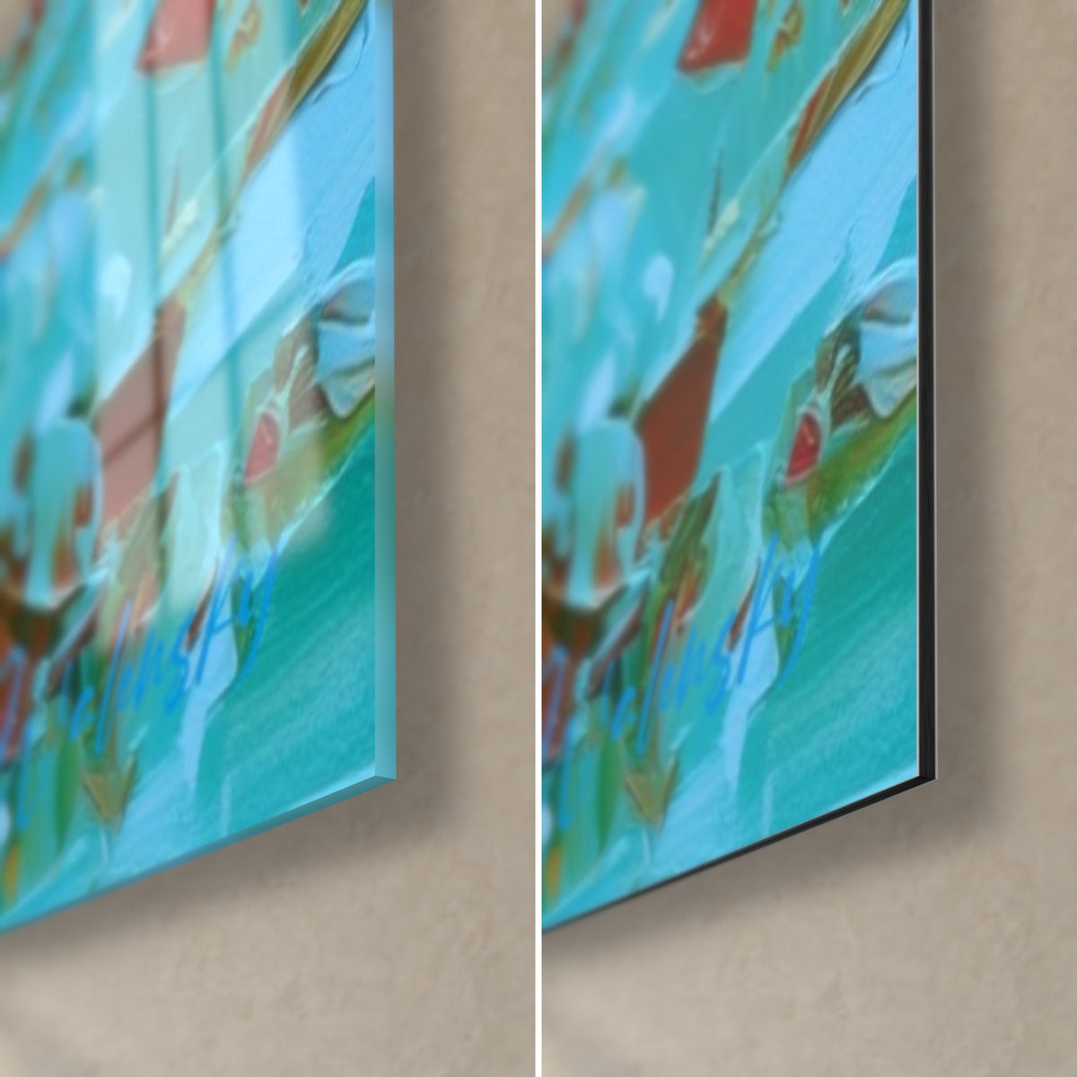 Tableau silhouette au sabre en peinture épaisse turquoise et roux, coin bas droit : verre brillant à gauche, Dibond mat à droite