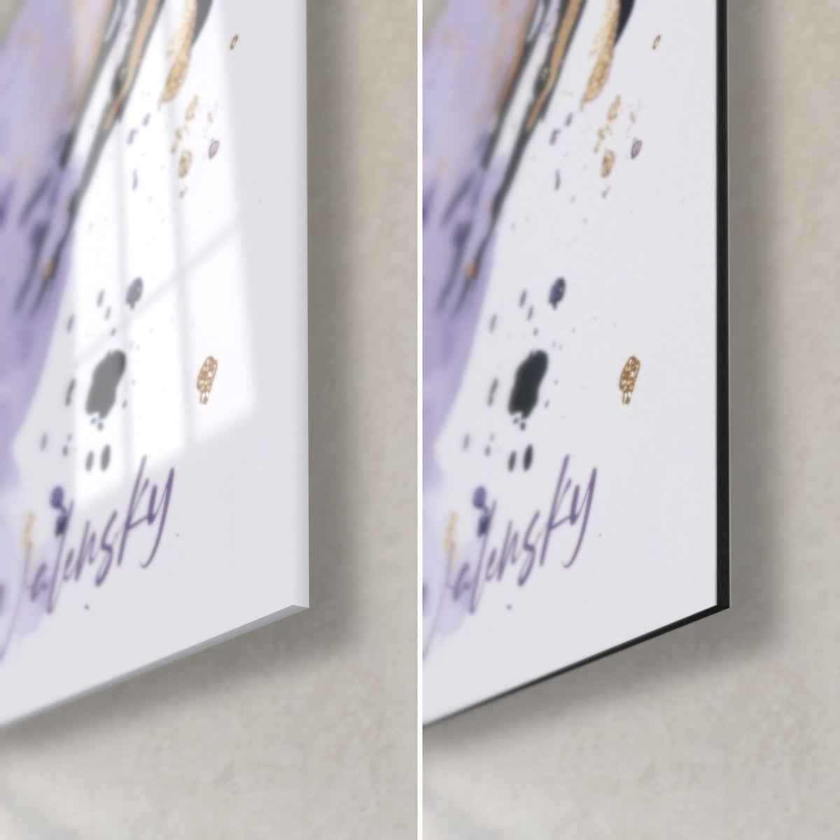 Tableau combattant violet et doré, coin bas droit : verre acrylique brillant à gauche, alu Dibond mat à droite, tranche 3 mm