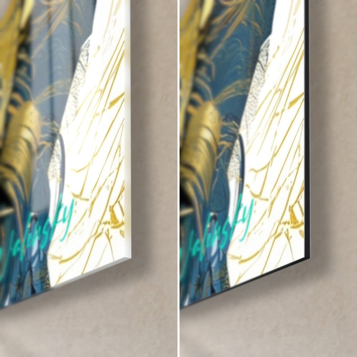 Cuadro de un ronin bajo su sombrero cónico, esquina inferior derecha: cristal acrílico brillante con reflejos a la izquierda, Dibond negro mate a la derecha