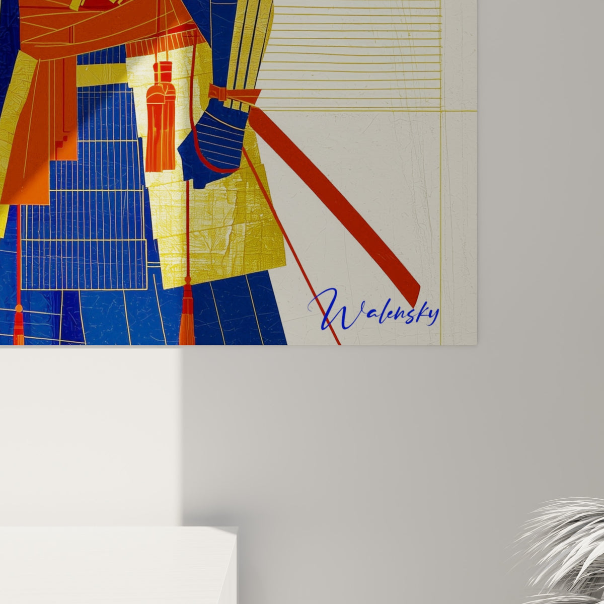 Texture grattée du disque doré et du kimono bleu marine, trait blanc du sabre visible en gros plan sur la toile