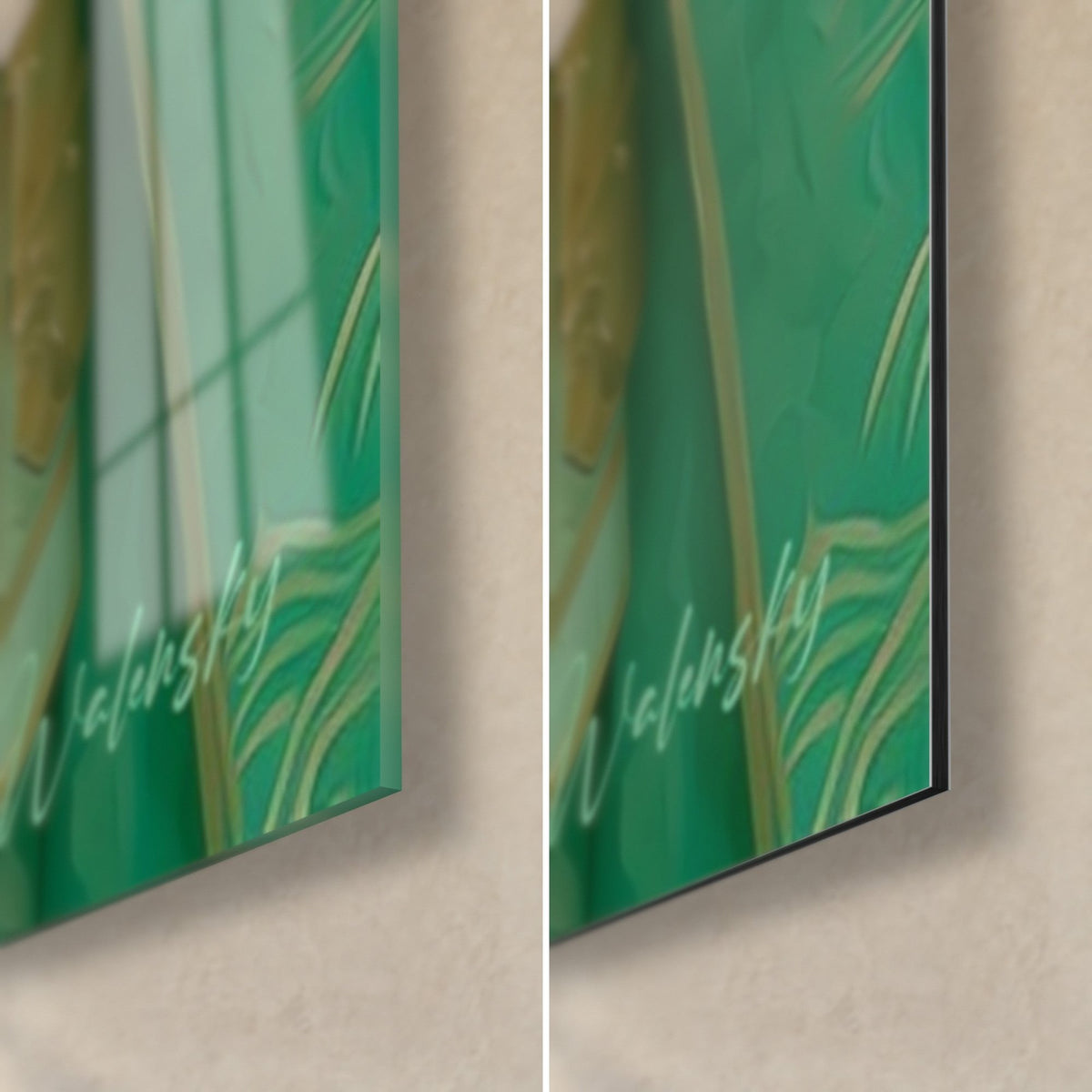 Wall art warrior in gold armor, bottom right corner: glossy acrylic glass with reflections, matte black Dibond aluminum, 3 mm edge