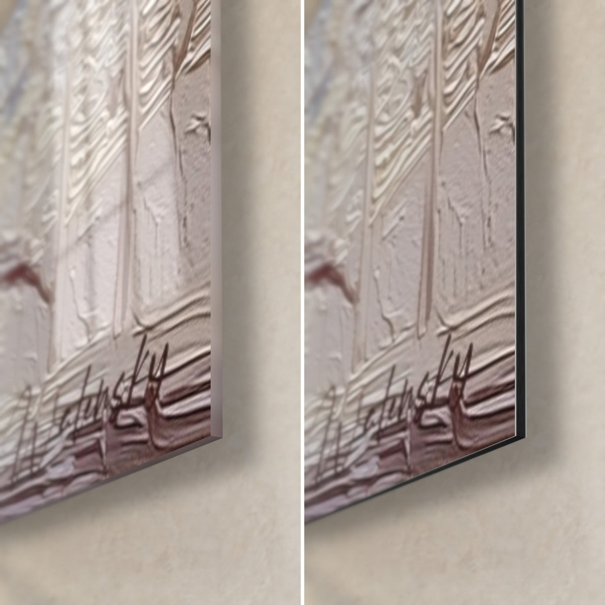 Tableau samouraï bleu nuit, coin bas droit : verre brillant et Dibond mat, signature rouge sombre, tranche de 3 mm