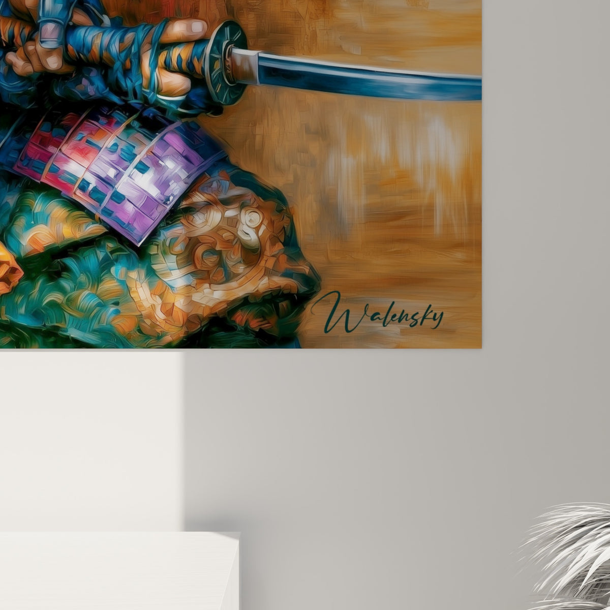 Empâtements orange et bleu marine visibles de près sur l'armure du samouraï, matière picturale texturée et coulures violettes