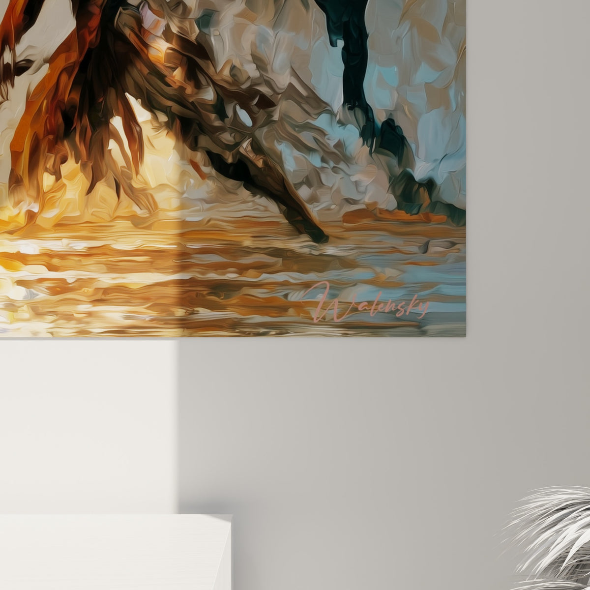 Empâtements orange et rose du soleil peint, coulures dorées se mêlant au sol brun de la toile samouraï