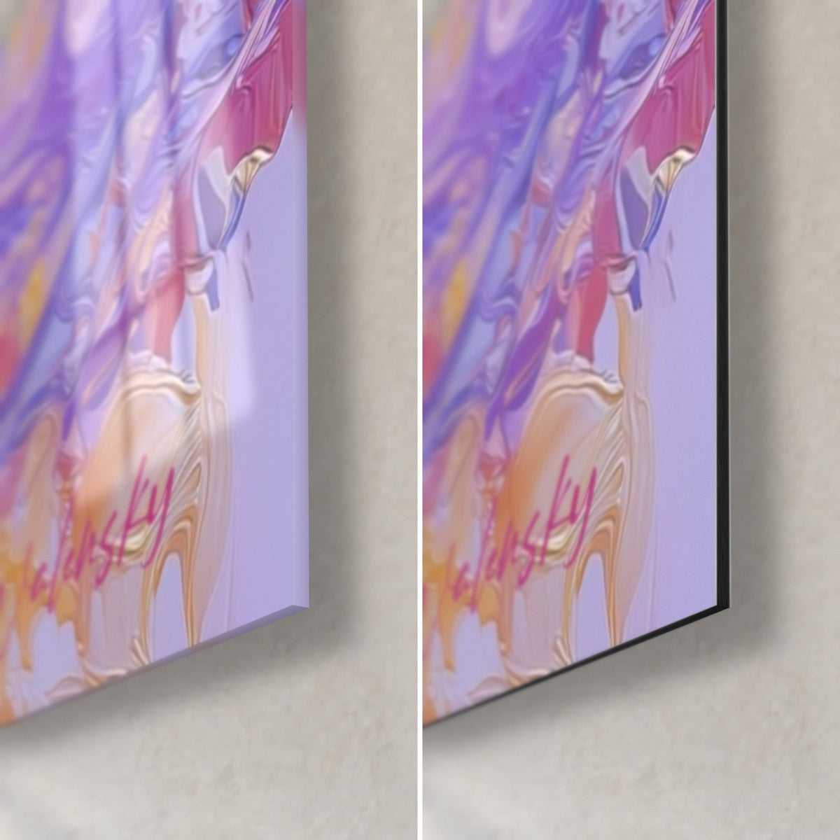 Schilderij van een samoerai in paars harnas, rechtsonder in glanzend acrylglas en mat Dibond-aluminium, roze signatuur, rand van 3 mm