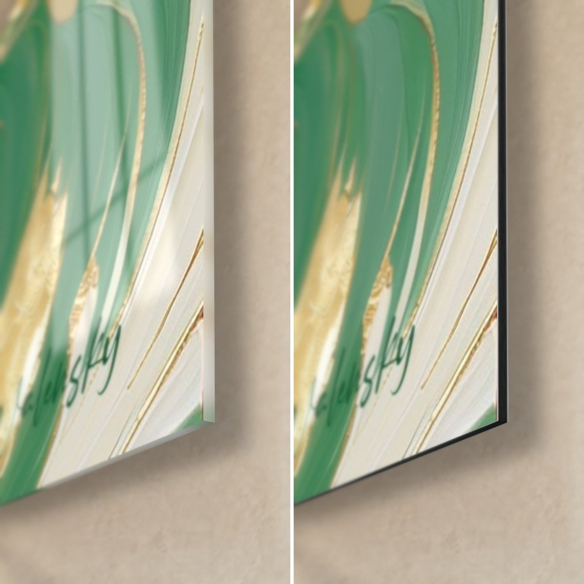 Schilderij smaragdgroene krijger, rechtsonder: glanzend acrylglas links, mat zwart Dibond aluminium rechts, rand van 3 mm