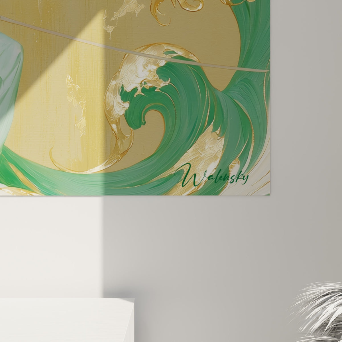 Empâtements dorés et coulures vertes du kimono visibles en gros plan sur la toile du samouraï