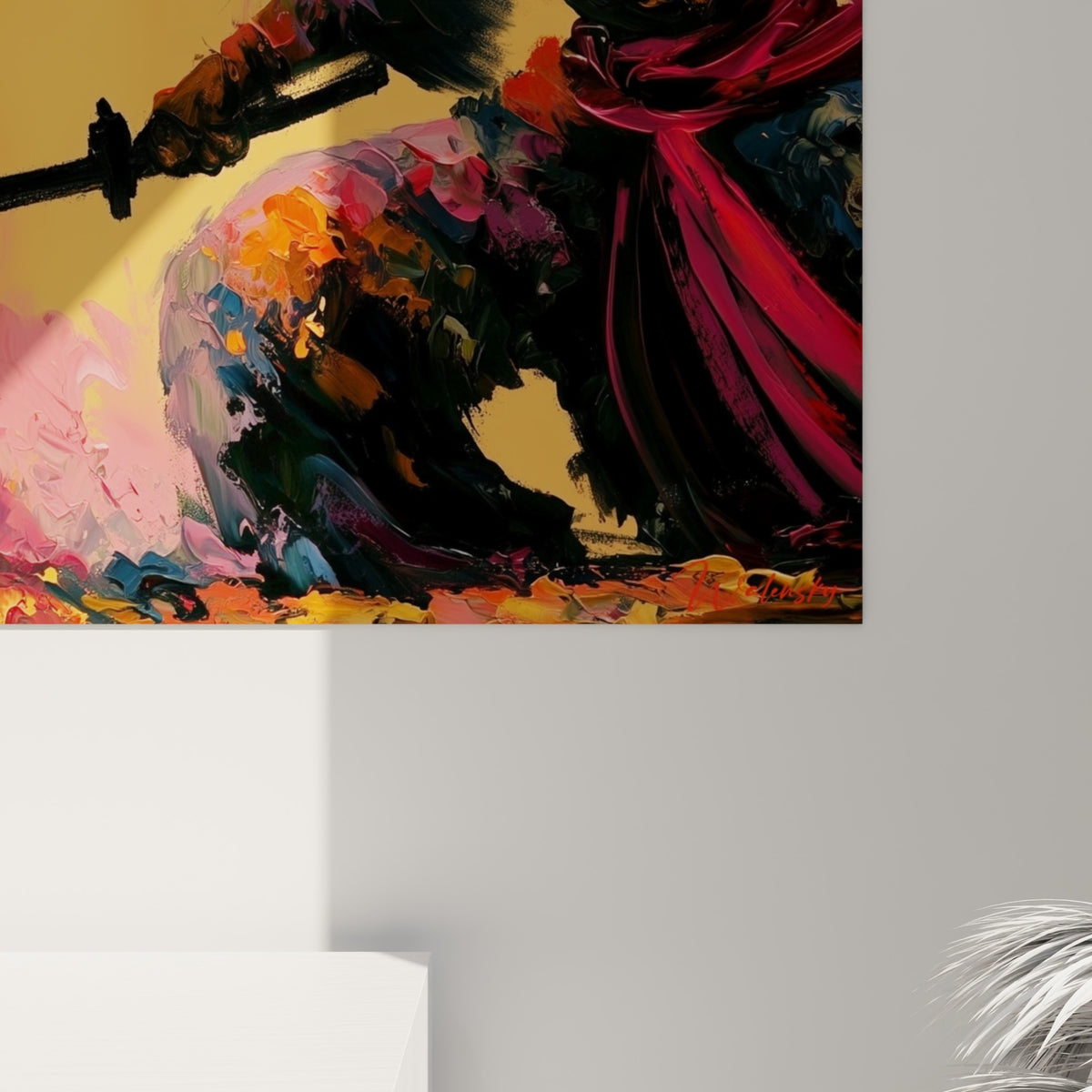 Empâtements de peinture sur le buste du Samouraï, coulures pourpres et reflets orangés visibles de près