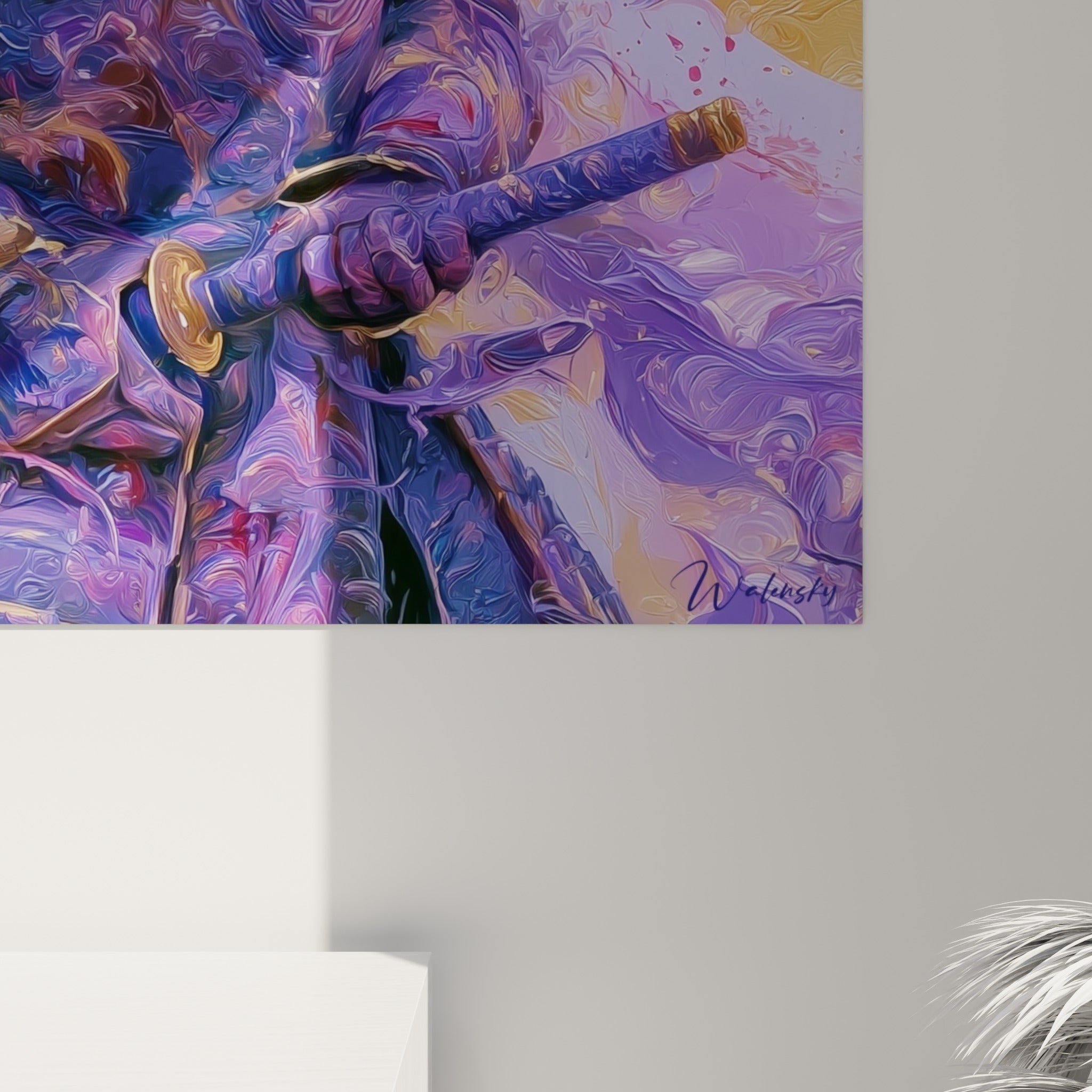 Détail de l'armure Samouraï où les empâtements violets et dorés se mêlent en coulures texturées et lumineuses