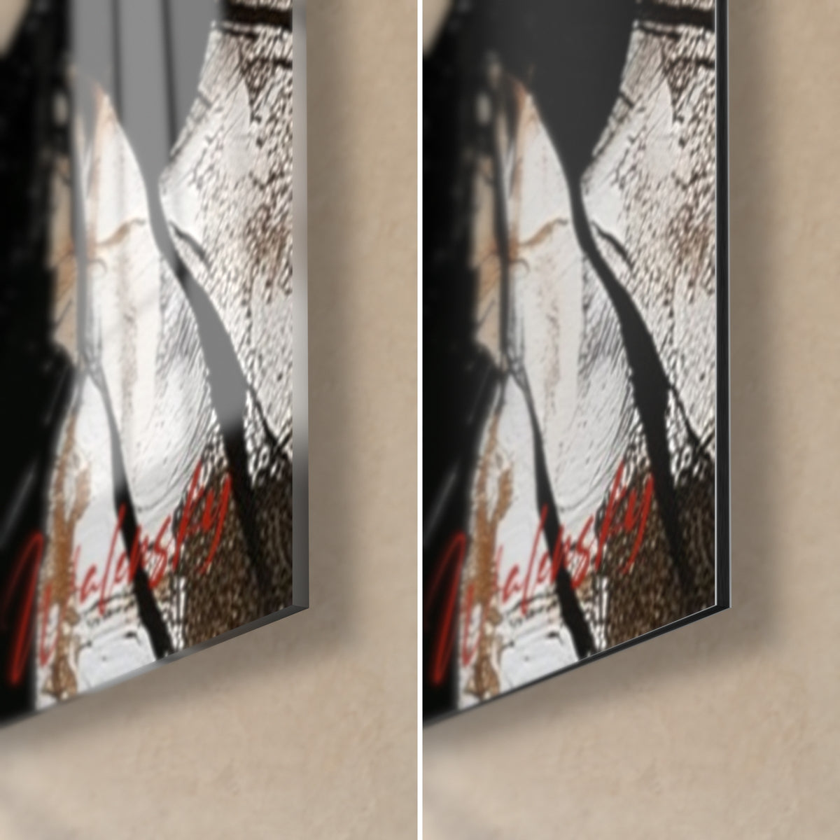 Wall art of a rōnin with a grey beard, bottom right corner: glossy acrylic glass on the left, matte white and red Dibond aluminum, 3 mm edge