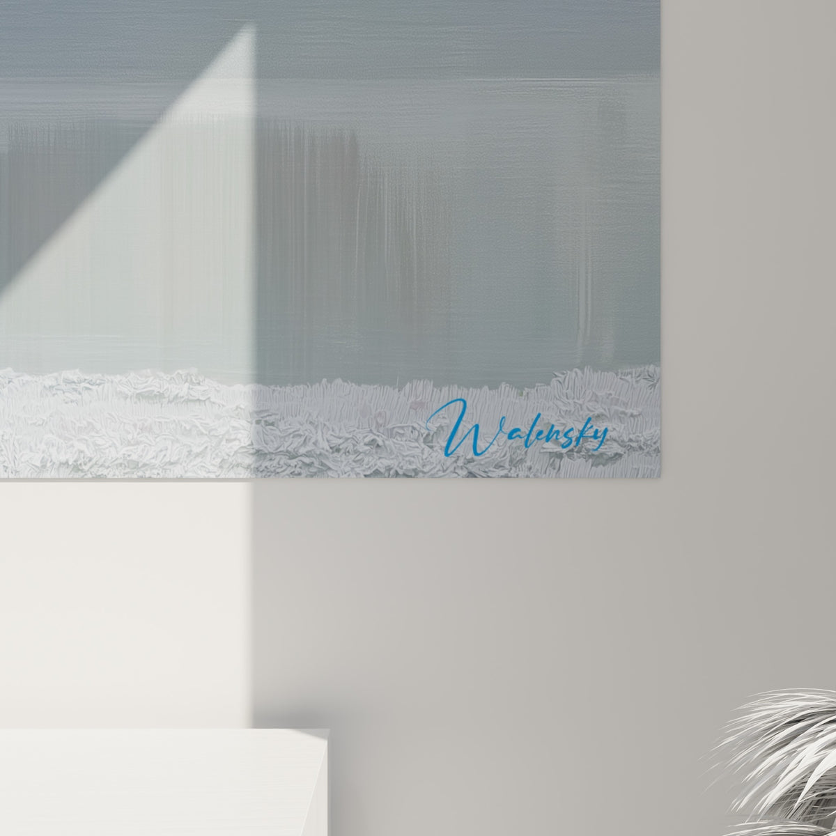 Empâtements texturés révélant la neige blanche et le bleu délavé sur la toile du tableau Samouraï accrochée