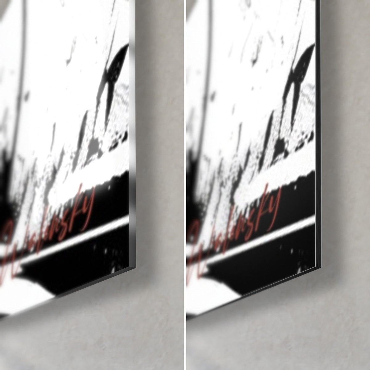 Wall art ronin in black and white ink, bottom right corner: glossy acrylic glass on the left, matte Dibond aluminium on the right, 3 mm edge