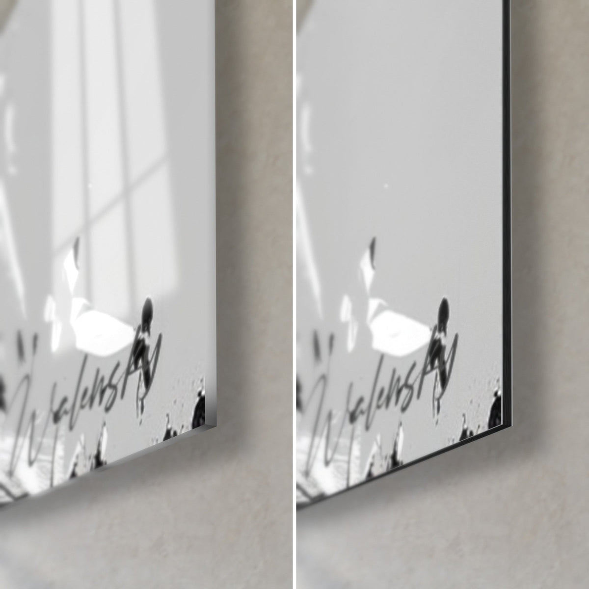 Wall art of a ronin in black ink on a light grey background, bottom right corner, glossy acrylic glass on the left, matte Dibond aluminium on the right, 3 mm edge