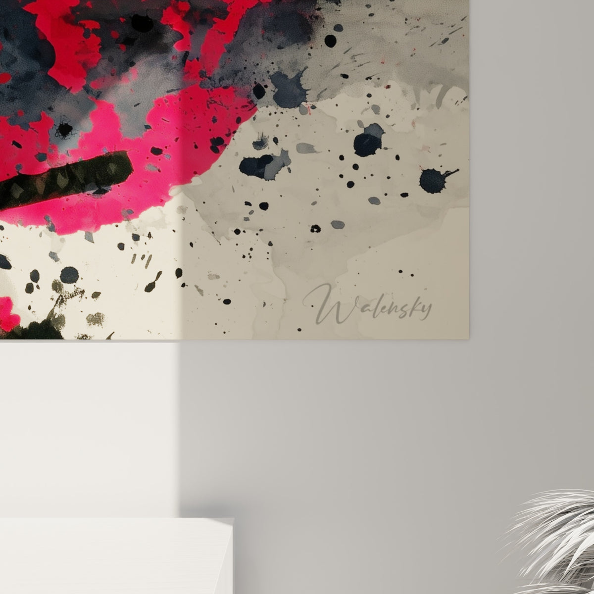 Empâtements noirs et coulures d'encre du Samouraï se mêlant au rouge vif en gros plan de la toile