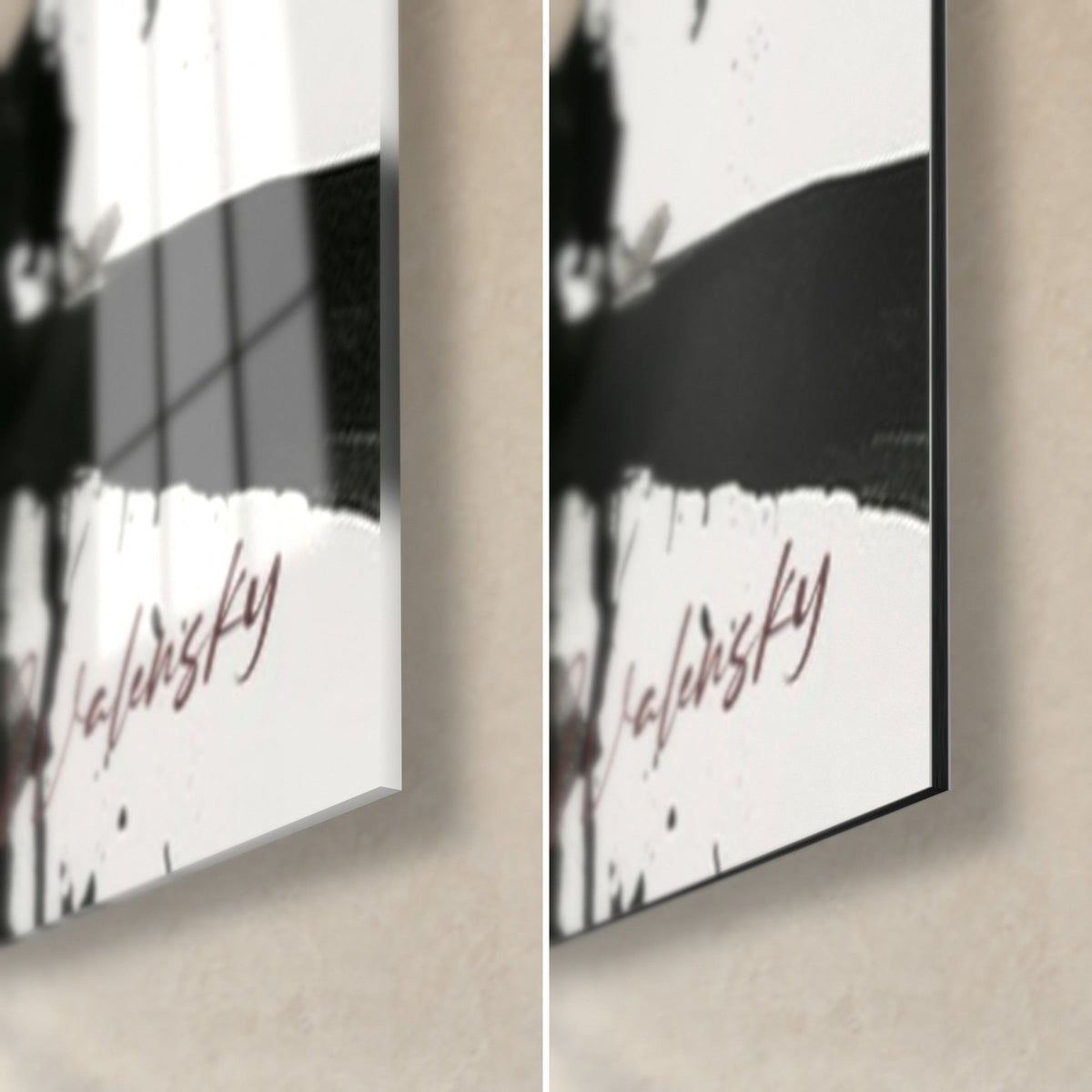 Wall art of ink-black armor with a red signature on a white background, bottom right corner: glossy acrylic glass and matte Dibond aluminum