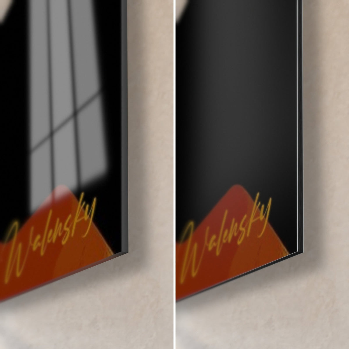 Gemälde eines roten und goldenen Samurai, untere rechte Ecke: glänzendes Acrylglas mit Reflexen und mattes Alu-Dibond, 3 mm Kante sichtbar