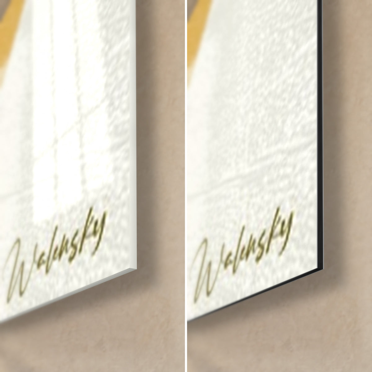 Tableau ronin au disque solaire ocre, coin bas droit : verre acrylique brillant à gauche, alu Dibond mat à droite, tranche de 3 mm