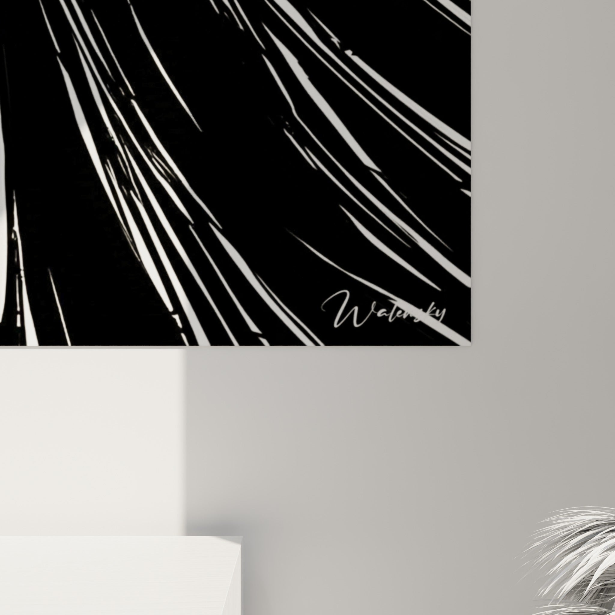 Traits fins du hakama noir et texture cuivrée du cercle ocre visibles de près sur la toile